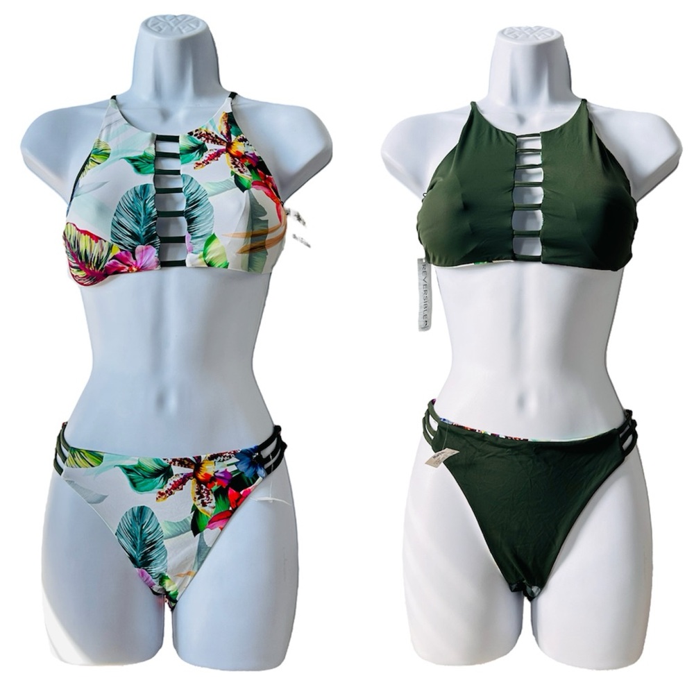2 in 1 Reversible Halter Style Floral Print 2 Pc Bikini Size M By TiniBikini